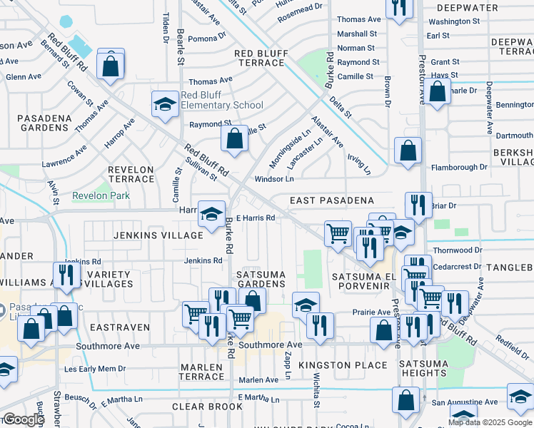 map of restaurants, bars, coffee shops, grocery stores, and more near 12 East Harris Road in Pasadena