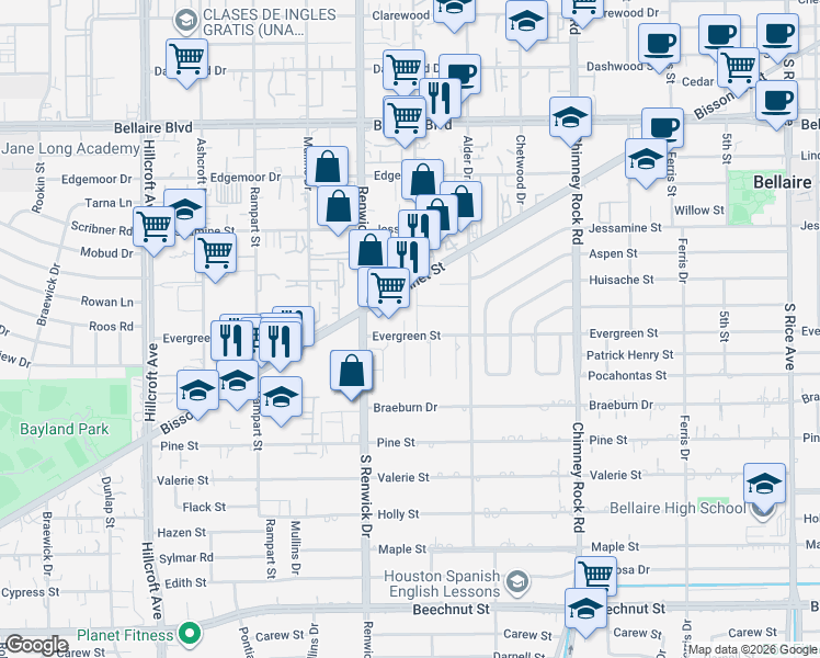 map of restaurants, bars, coffee shops, grocery stores, and more near 5700 Evergreen Street in Bellaire