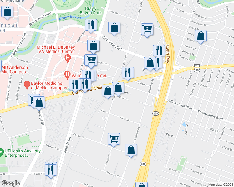 map of restaurants, bars, coffee shops, grocery stores, and more near 6909 Grand Boulevard in Houston