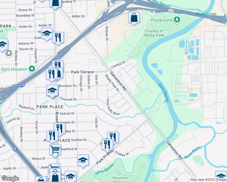 map of restaurants, bars, coffee shops, grocery stores, and more near 8540 Biloxi Street in Houston