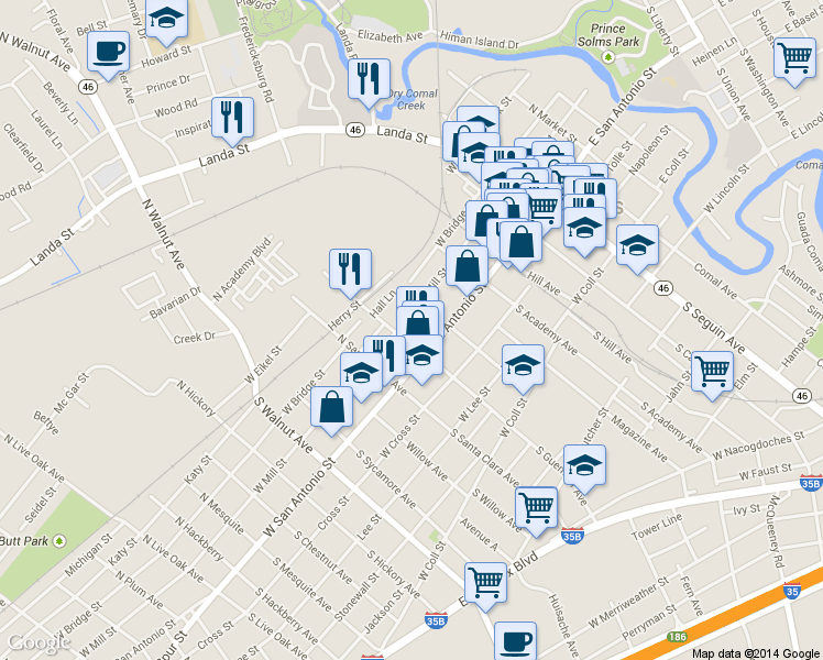 map of restaurants, bars, coffee shops, grocery stores, and more near 663 W Mill St in New Braunfels