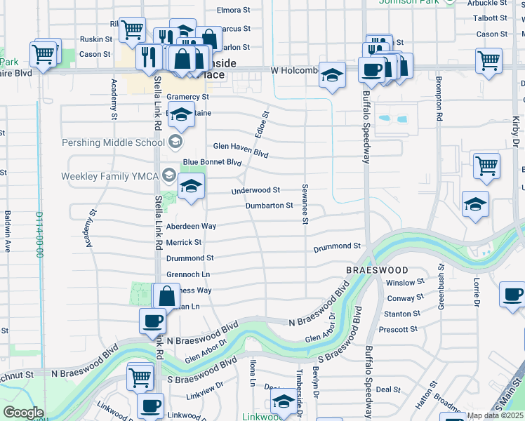 map of restaurants, bars, coffee shops, grocery stores, and more near 3631 Dumbarton Street in Houston
