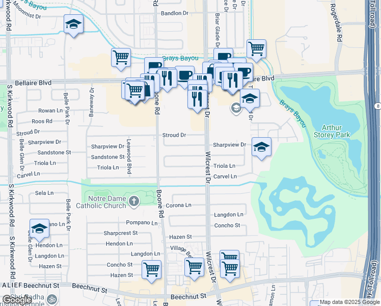 map of restaurants, bars, coffee shops, grocery stores, and more near 10926 Sandstone Street in Houston