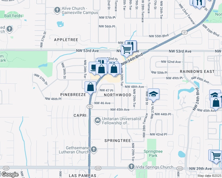 map of restaurants, bars, coffee shops, grocery stores, and more near 3136 Northwest 47 Place in Gainesville