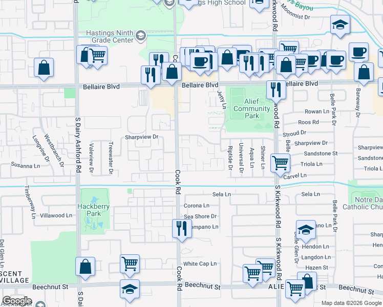 map of restaurants, bars, coffee shops, grocery stores, and more near 7241 Cook Rd in Houston