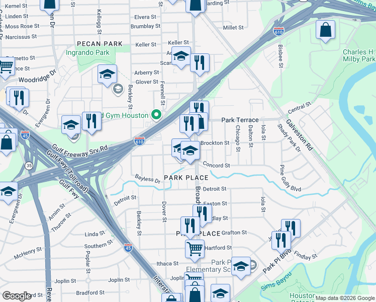 map of restaurants, bars, coffee shops, grocery stores, and more near 8037 Kimble Street in Houston