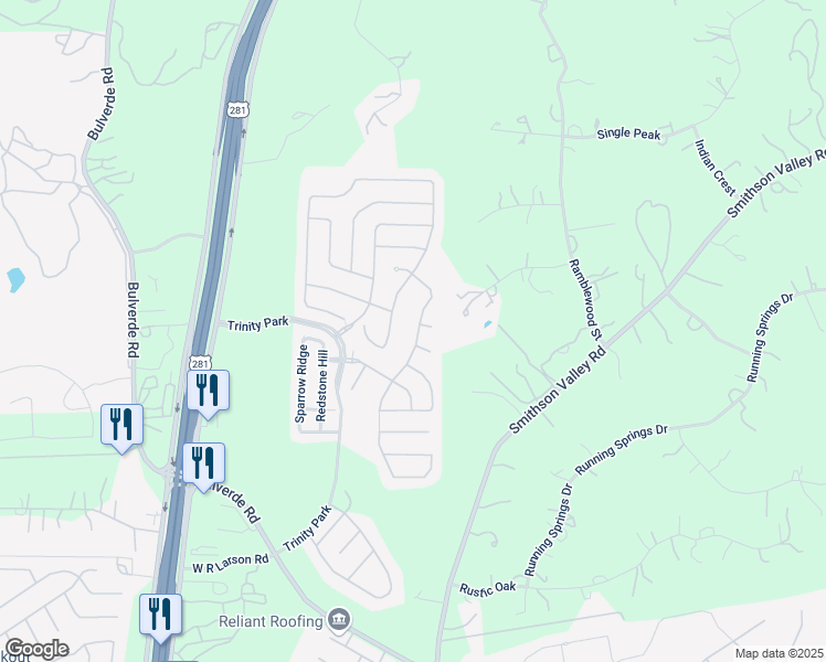 map of restaurants, bars, coffee shops, grocery stores, and more near 26915 Rustic Brook in San Antonio