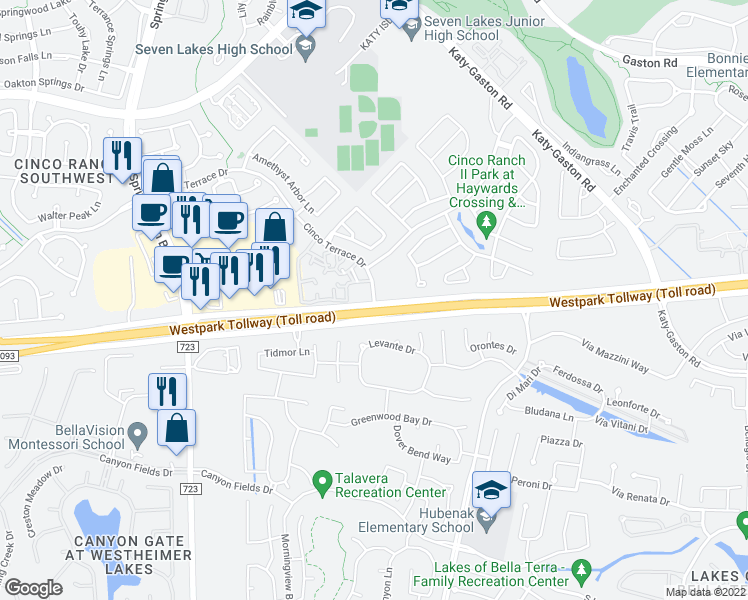 map of restaurants, bars, coffee shops, grocery stores, and more near 24344 Cinco Terrace Drive in Katy