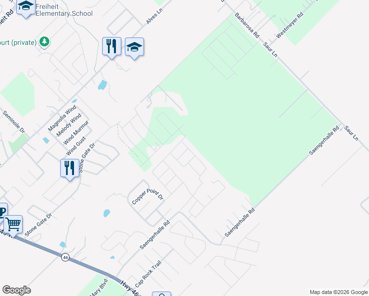 map of restaurants, bars, coffee shops, grocery stores, and more near 531 Willow Valley Street in New Braunfels