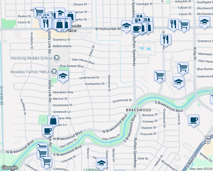 map of restaurants, bars, coffee shops, grocery stores, and more near 3607 Dumbarton Street in Houston