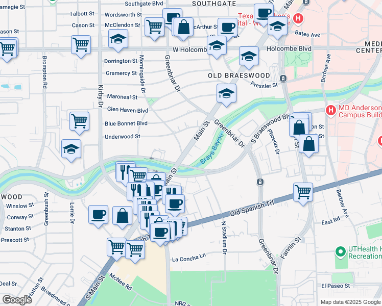 map of restaurants, bars, coffee shops, grocery stores, and more near 7515 Main street in Houston