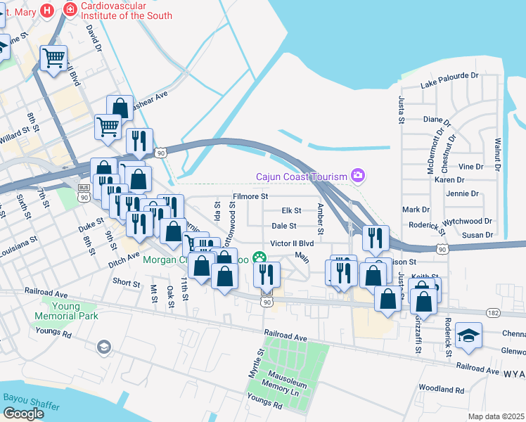 map of restaurants, bars, coffee shops, grocery stores, and more near 999 Myrtle St in Morgan City