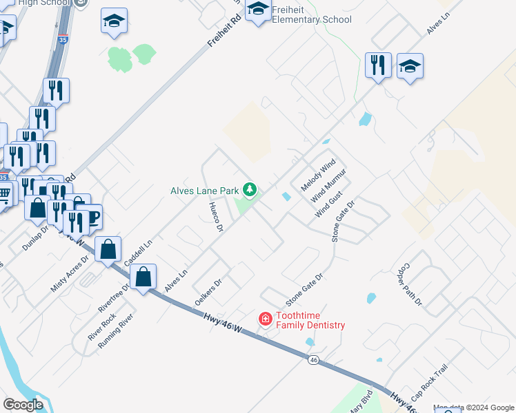 map of restaurants, bars, coffee shops, grocery stores, and more near 1013 Mellow Breeze in New Braunfels