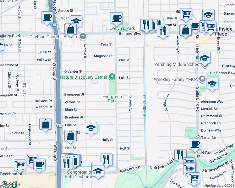 map of restaurants, bars, coffee shops, grocery stores, and more near 4424 Wendell Street in Bellaire