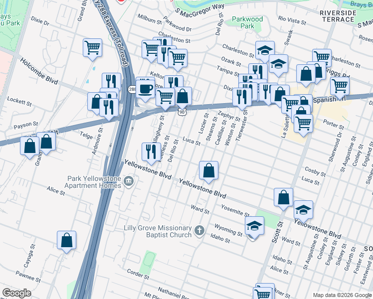map of restaurants, bars, coffee shops, grocery stores, and more near 6711 Burkett Street in Houston