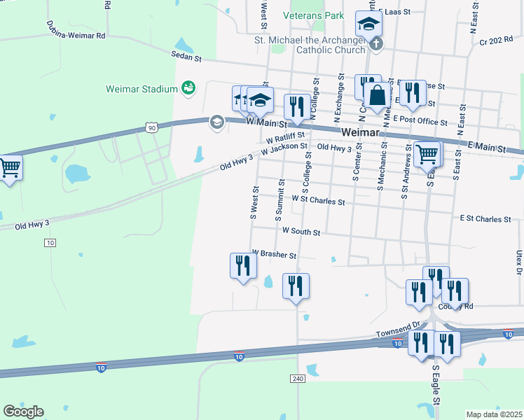 map of restaurants, bars, coffee shops, grocery stores, and more near 502 South West Street in Weimar