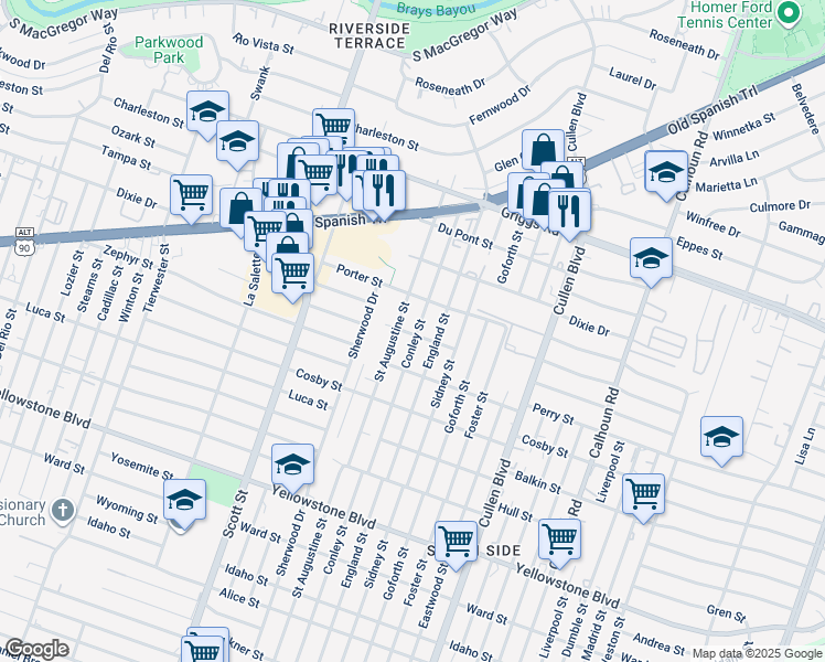 map of restaurants, bars, coffee shops, grocery stores, and more near 6119 Saint Augustine Street in Houston