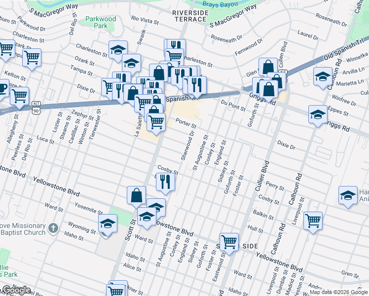 map of restaurants, bars, coffee shops, grocery stores, and more near in Houston