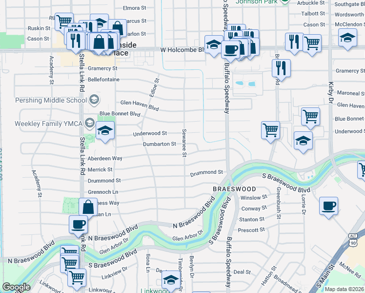 map of restaurants, bars, coffee shops, grocery stores, and more near 3607 Dumbarton Street in Houston