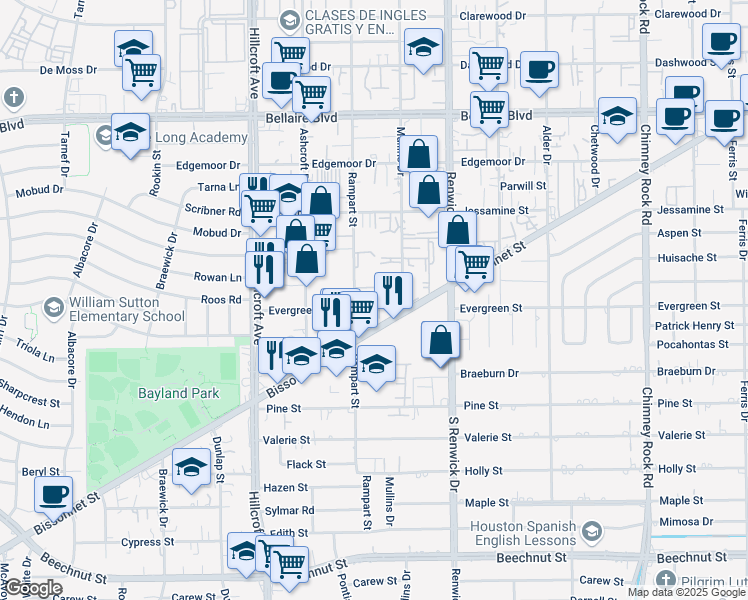 map of restaurants, bars, coffee shops, grocery stores, and more near 7350 Rampart Street in Houston