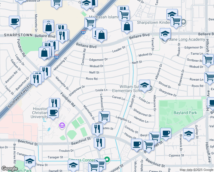 map of restaurants, bars, coffee shops, grocery stores, and more near 7030 Triola Lane in Houston