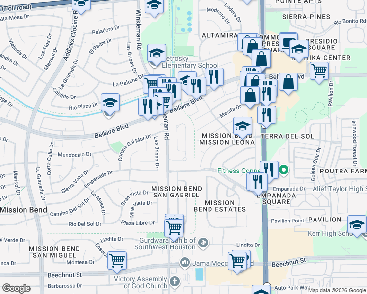 map of restaurants, bars, coffee shops, grocery stores, and more near 7131 Rio Blanco Drive in Houston