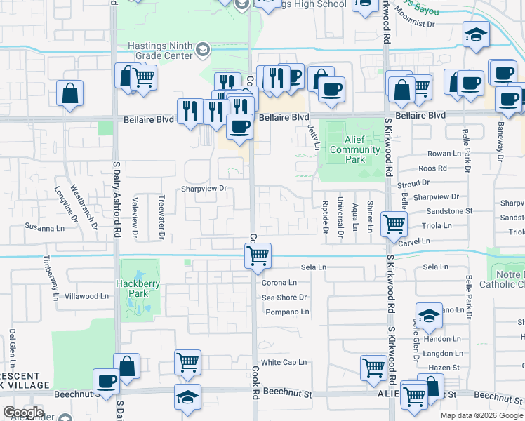 map of restaurants, bars, coffee shops, grocery stores, and more near 7241 Cook Road in Houston