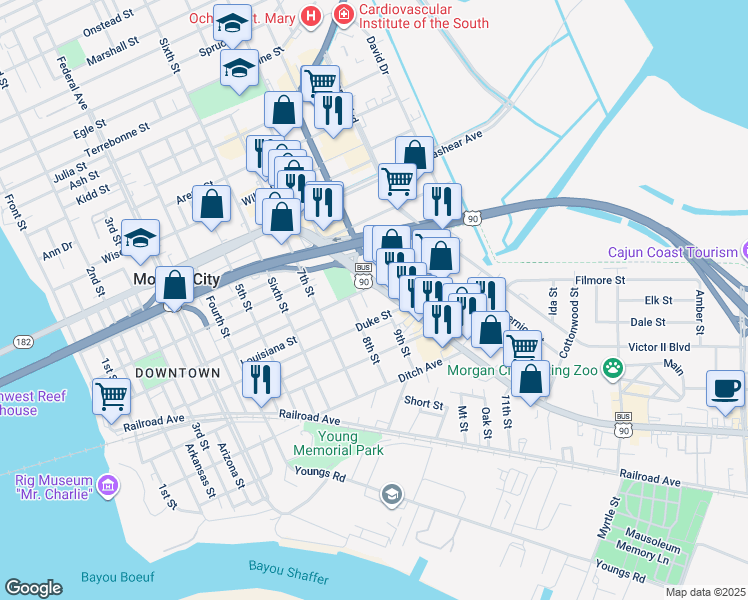 map of restaurants, bars, coffee shops, grocery stores, and more near 6310 Louisiana 182 in Morgan City
