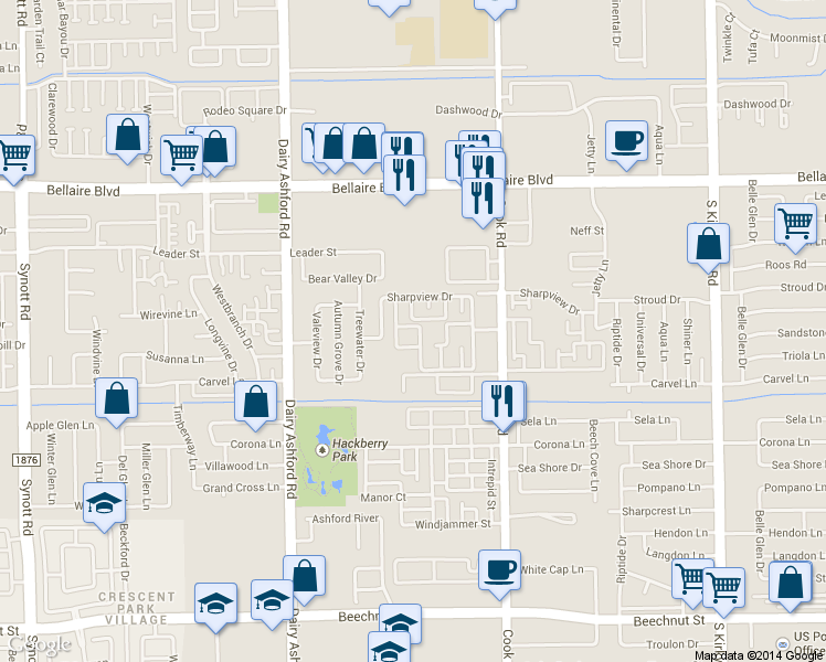map of restaurants, bars, coffee shops, grocery stores, and more near 7206 Crownwest St in Houston