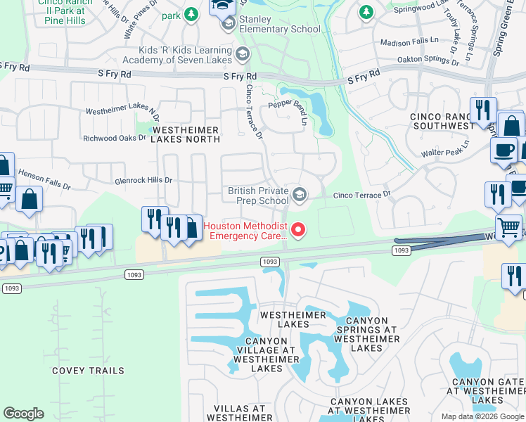 map of restaurants, bars, coffee shops, grocery stores, and more near 26111 Salt Creek Lane in Katy