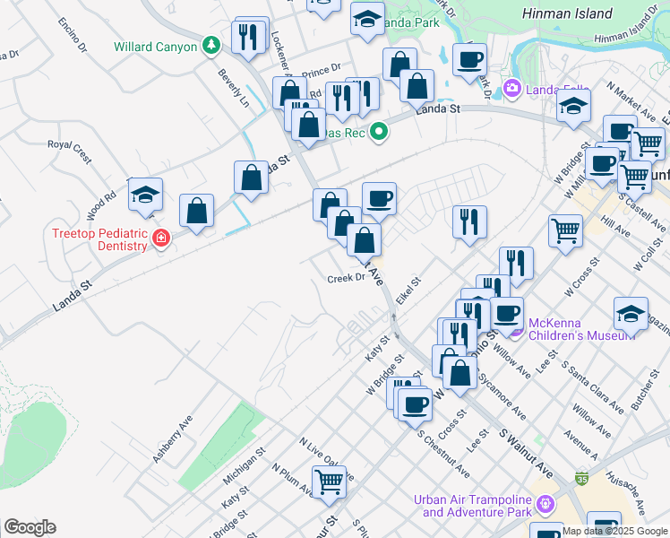 map of restaurants, bars, coffee shops, grocery stores, and more near 9 Cane Street in New Braunfels