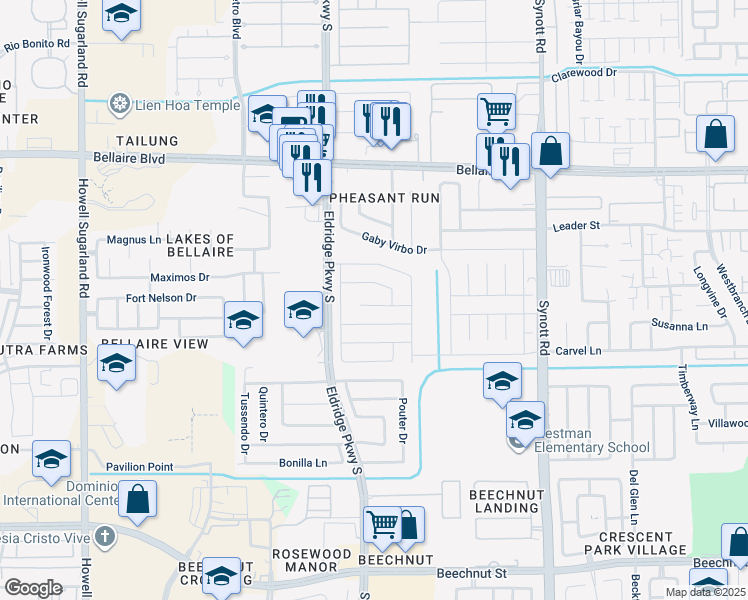map of restaurants, bars, coffee shops, grocery stores, and more near 13538 Sharpbill Drive in Houston