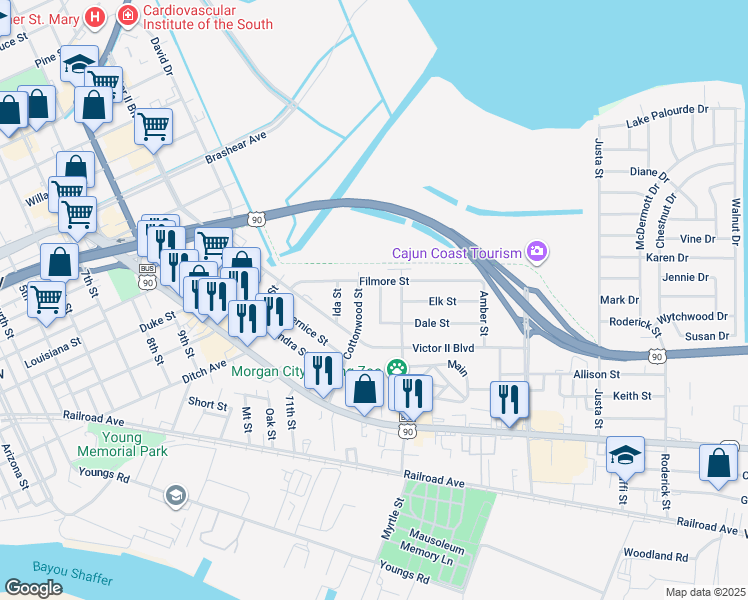 map of restaurants, bars, coffee shops, grocery stores, and more near 916 Cottonwood Street in Morgan City