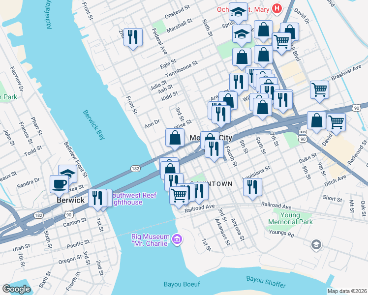 map of restaurants, bars, coffee shops, grocery stores, and more near 832 Arkansas Street in Morgan City
