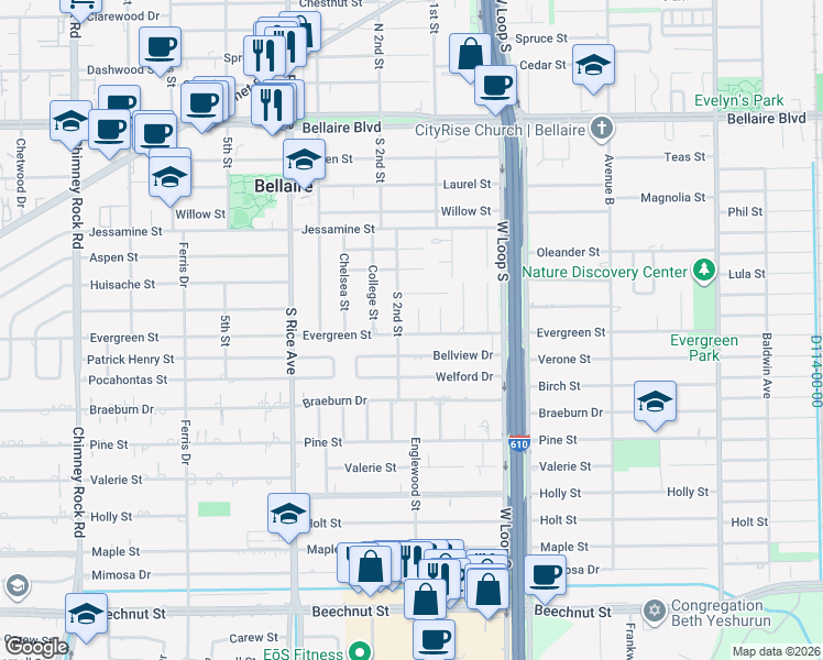 map of restaurants, bars, coffee shops, grocery stores, and more near 550 Lupin Street in Bellaire