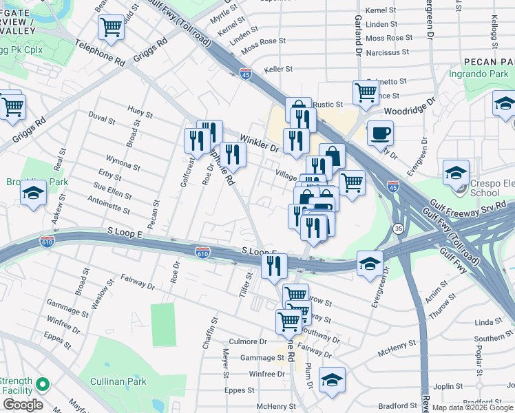 map of restaurants, bars, coffee shops, grocery stores, and more near 7010 Plum Creek Terrace Lane in Houston