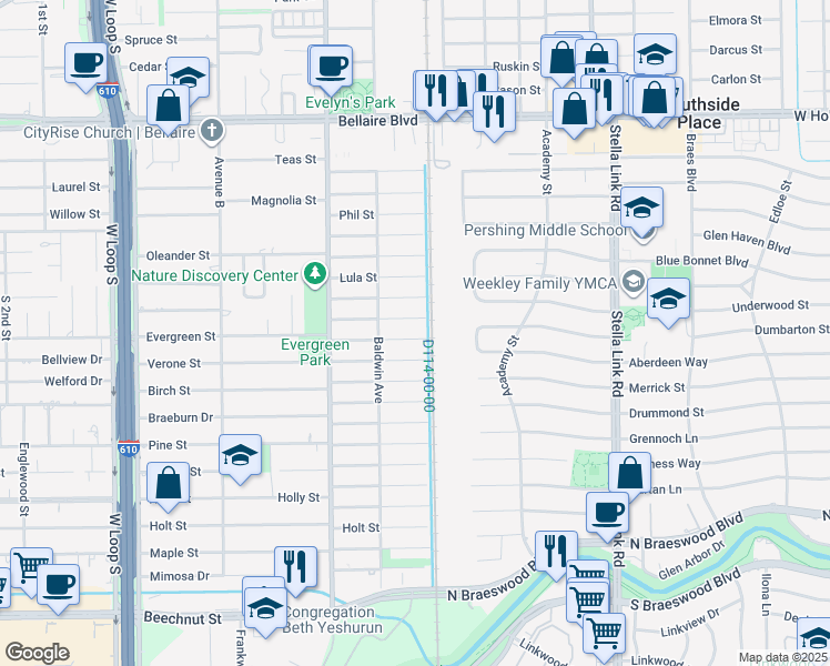 map of restaurants, bars, coffee shops, grocery stores, and more near 4304 Wendell Street in Bellaire