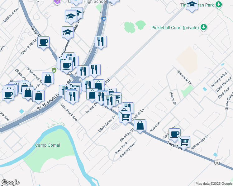 map of restaurants, bars, coffee shops, grocery stores, and more near 547 Advantage Drive in New Braunfels