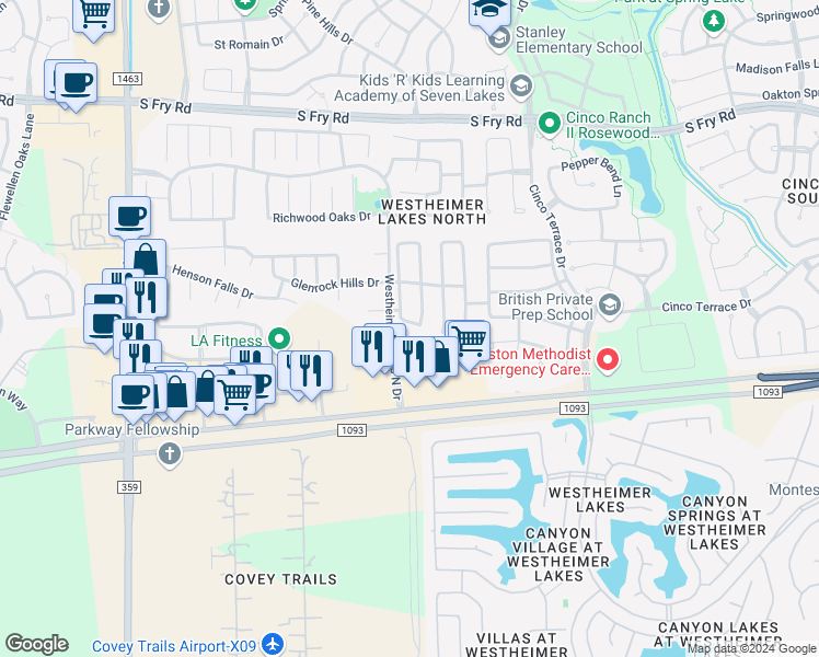 map of restaurants, bars, coffee shops, grocery stores, and more near 26415 Kingspur Ridge Drive in Katy