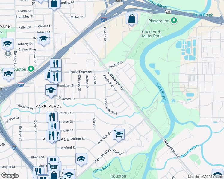 map of restaurants, bars, coffee shops, grocery stores, and more near 8540 Biloxi Street in Houston