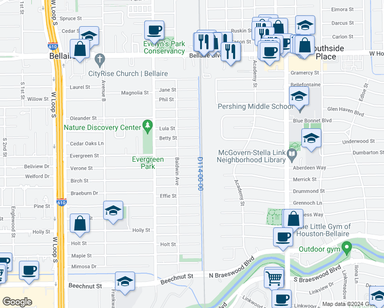 map of restaurants, bars, coffee shops, grocery stores, and more near 4306 Wendell Street in Bellaire