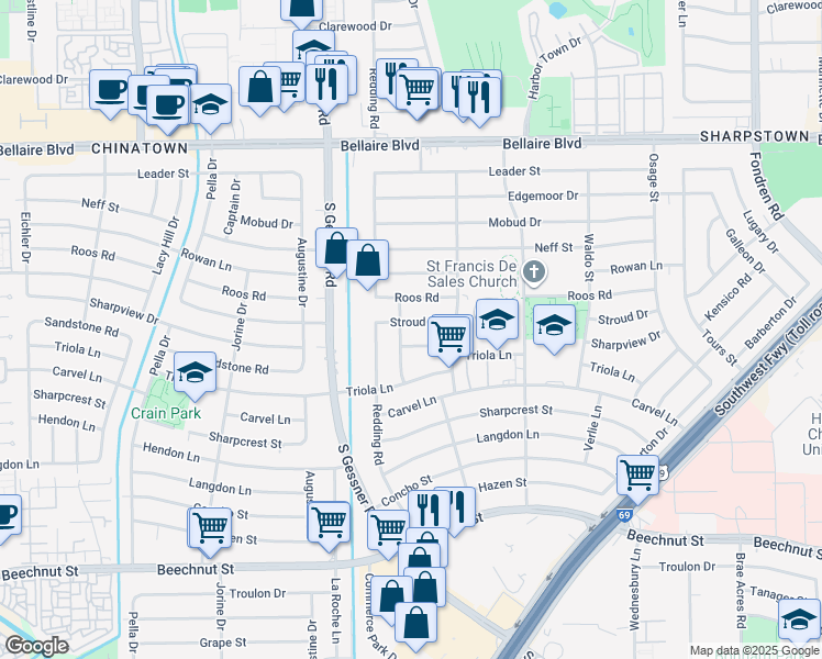 map of restaurants, bars, coffee shops, grocery stores, and more near 8511 Stroud Drive in Houston