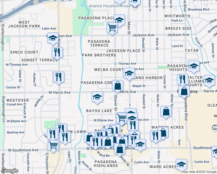 map of restaurants, bars, coffee shops, grocery stores, and more near 257 Crescent Drive in Pasadena