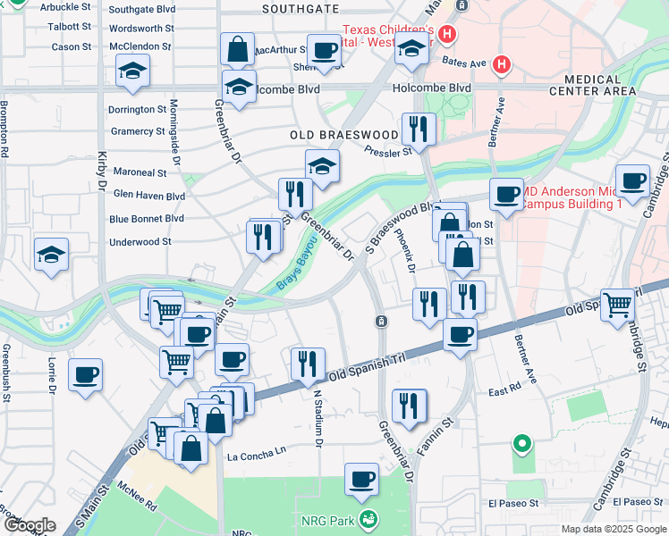 map of restaurants, bars, coffee shops, grocery stores, and more near 2100 South Braeswood Boulevard in Houston