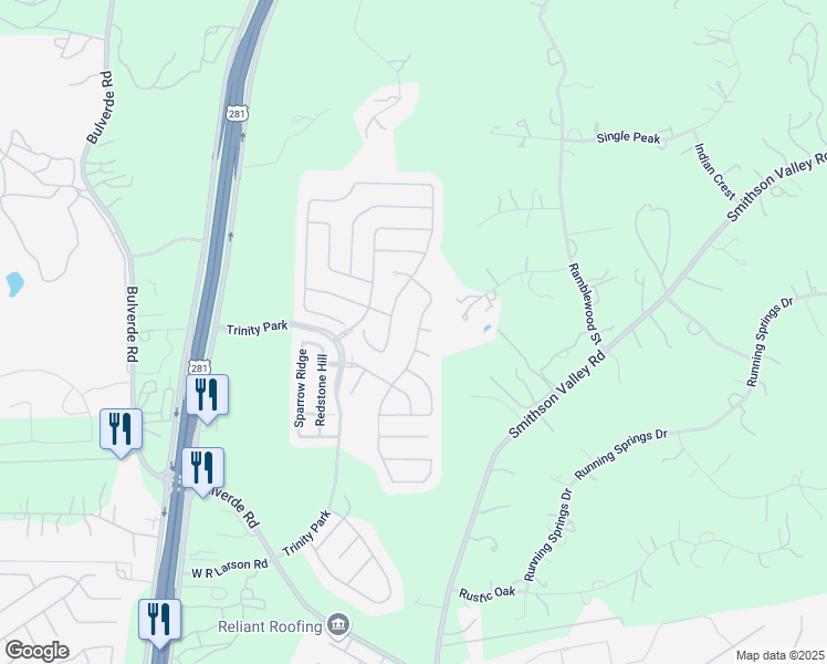 map of restaurants, bars, coffee shops, grocery stores, and more near 26915 Rustic Brook in San Antonio