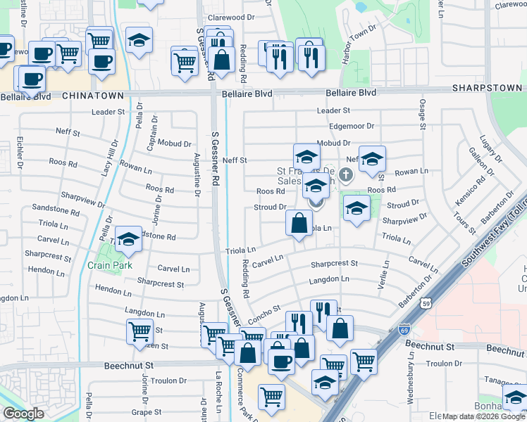 map of restaurants, bars, coffee shops, grocery stores, and more near 8511 Stroud Drive in Houston