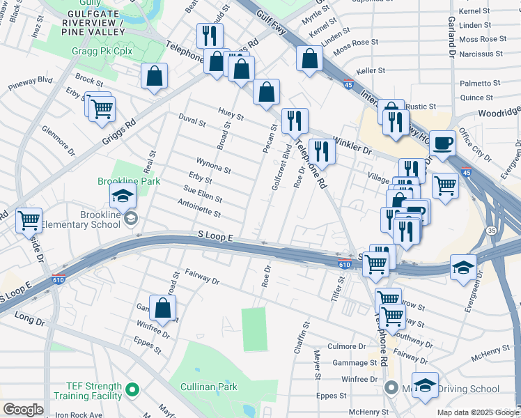 map of restaurants, bars, coffee shops, grocery stores, and more near 3223 Pecan Street in Houston