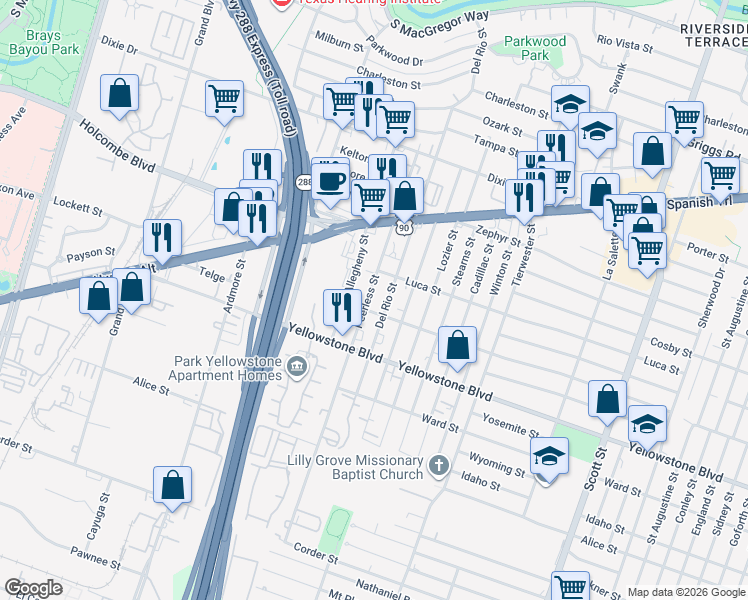 map of restaurants, bars, coffee shops, grocery stores, and more near 6753 Peerless Street in Houston