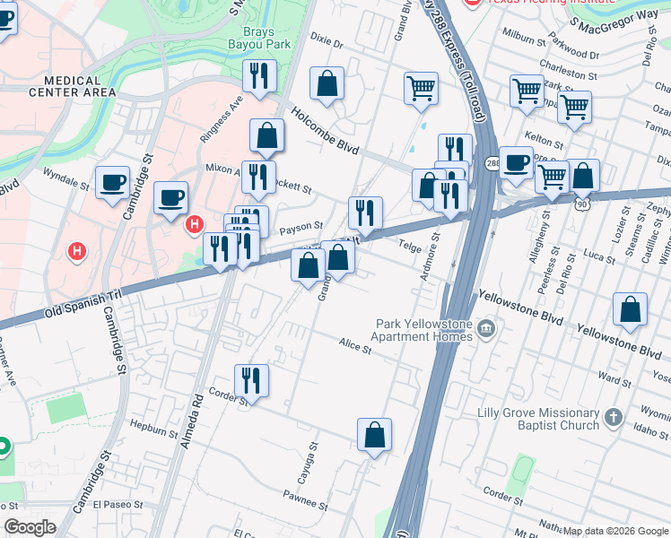 map of restaurants, bars, coffee shops, grocery stores, and more near 6909 Grand Boulevard in Houston
