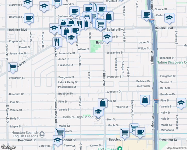 map of restaurants, bars, coffee shops, grocery stores, and more near 5110 Evergreen Street in Bellaire